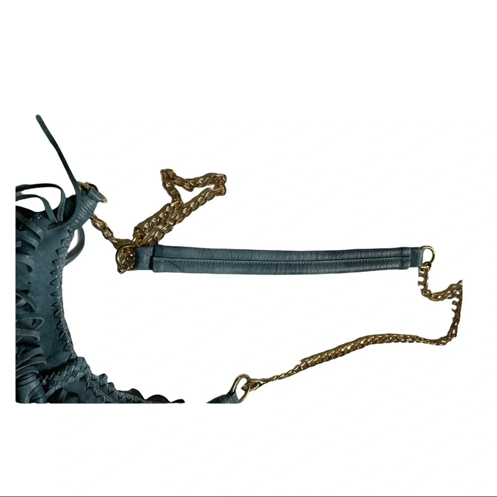 Fringed Leather Crossbody Bag in Dark Teal with Chain Strap